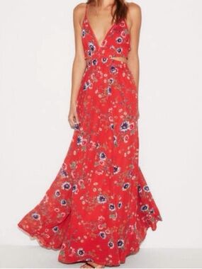 Express Red Floral Maxi Dress with Blue Accents and waist cutout